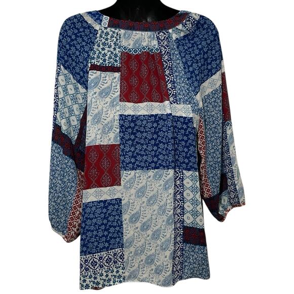 Zac & Rachel Womens Top Size Large Red White Blue Sheer Chiffon Floral Geometric - Picture 2 of 9